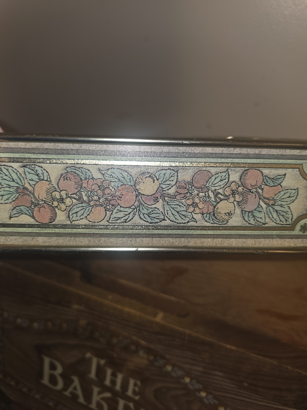Decorative Fruit Border Metal Tin Lid - Green, Peach, Cream